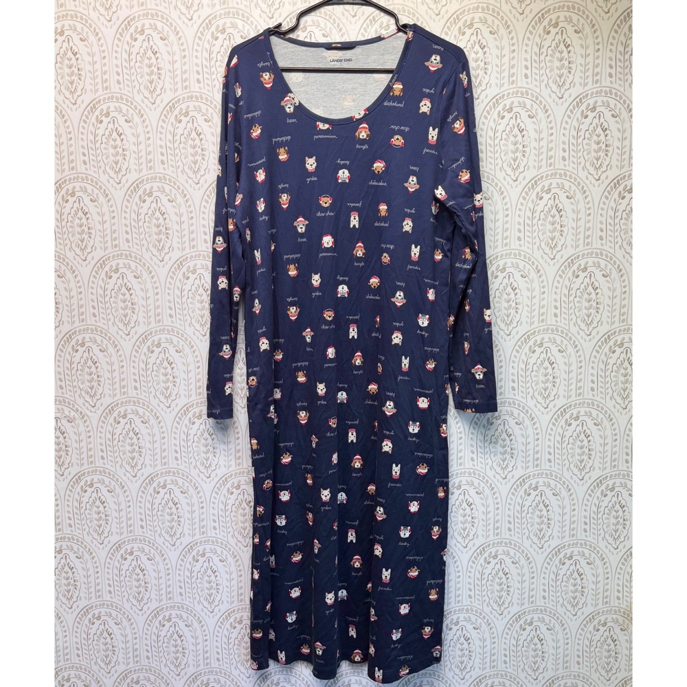 Lands End Christmas Womens L Navy Holiday Dog Print Supima Cotton Dress